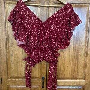 SHEIN Burgundy Polka Dot Ruffle Blouse